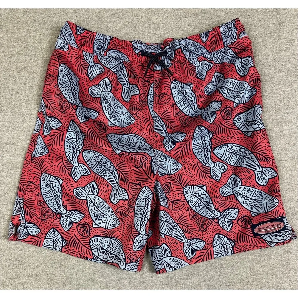 Vineyard Vines Swim Trunks Boys XL 16 Red Blue Preppy Fish Print‎ Board Shorts